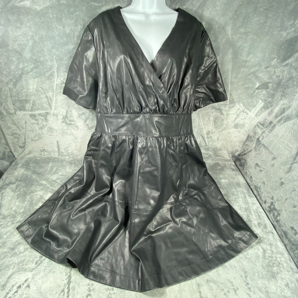 Black Faux Leather Wrap Dress Plus Size 2X‎ Fit Flare Gothic Moto Minimalist EUC